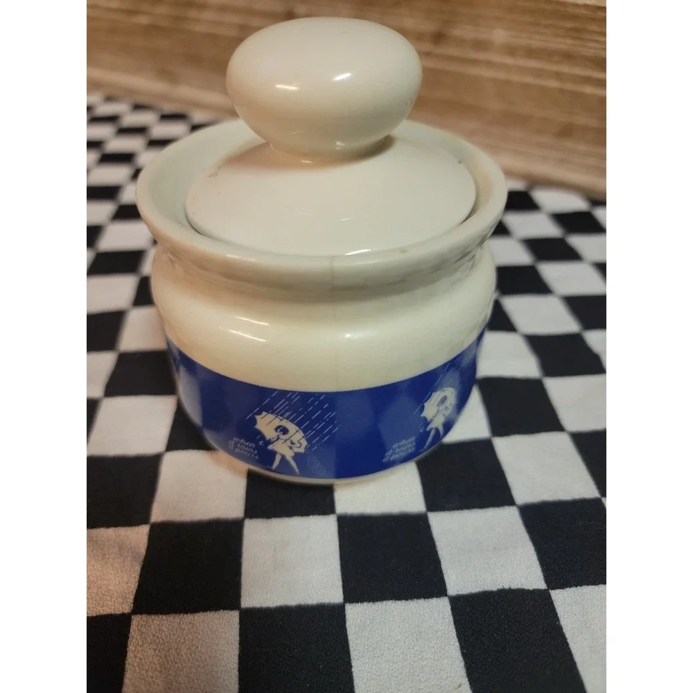 Vintage Morton Salt Girl Ceramic Lidded Jar Made in Japan Cracked Chipped